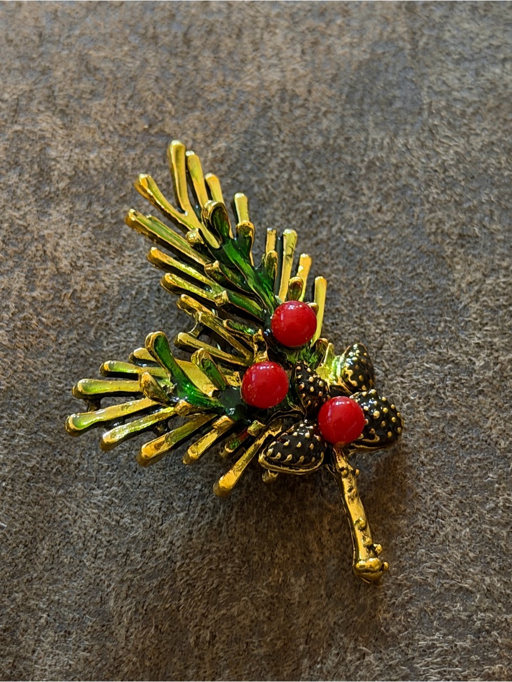 Festive Gold and Green Pine Sprig Brooch with Red Berries